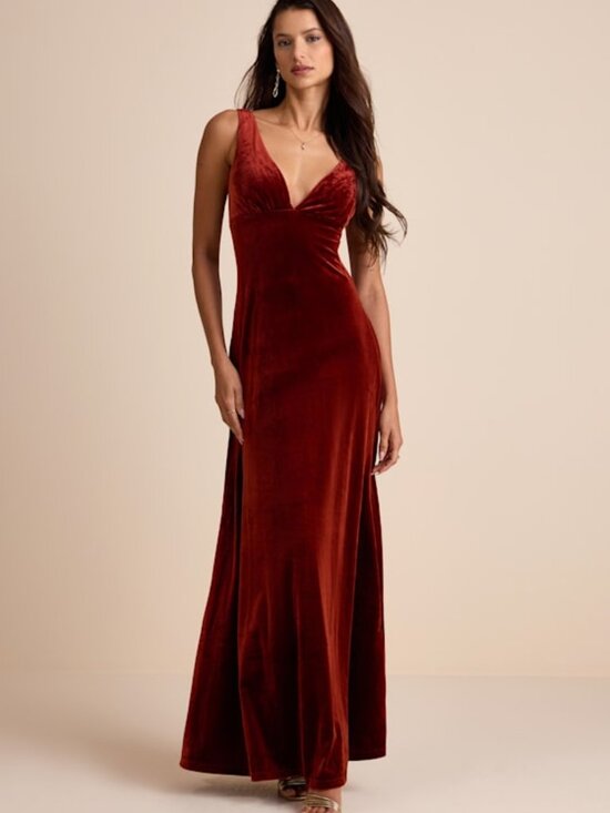 Lulus Decadent Evening Rust Orange Velvet Sleeveless Maxi Dress - Size M - Picture 1 of 2